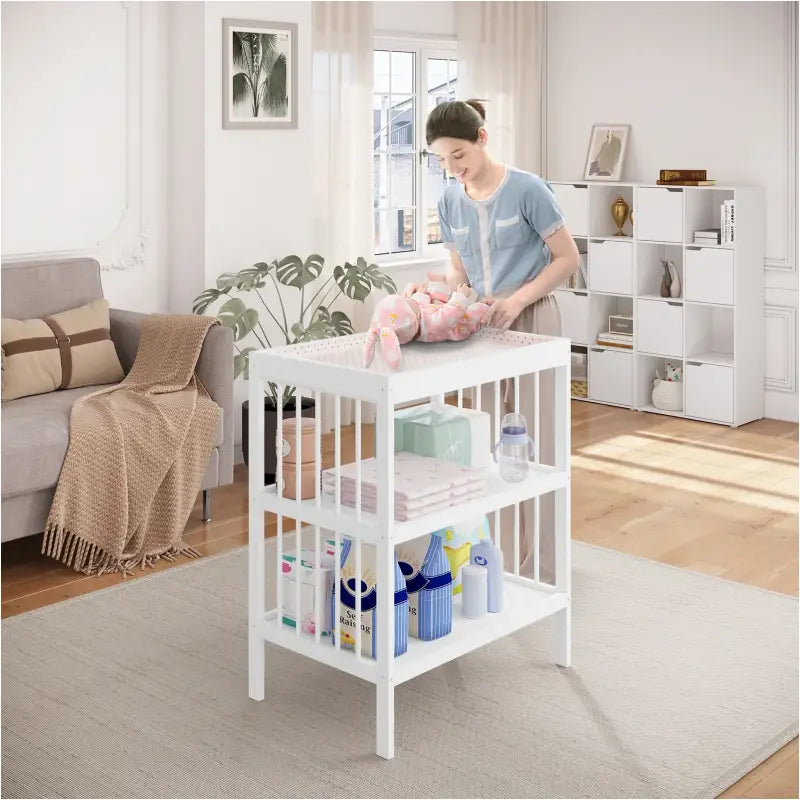 Witte BukkitBow baby verzorgingstafel van MDF, 75x92x51 cm, draagvermogen 30 kg, geschikt voor baby's, natuurlijke afwerking.