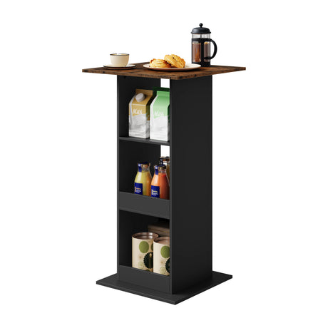 Vierkante houten bukkitbow bartafel met drie planken, bistrostijl, ideale hoge tafel voor in de horeca of thuisgebruik.