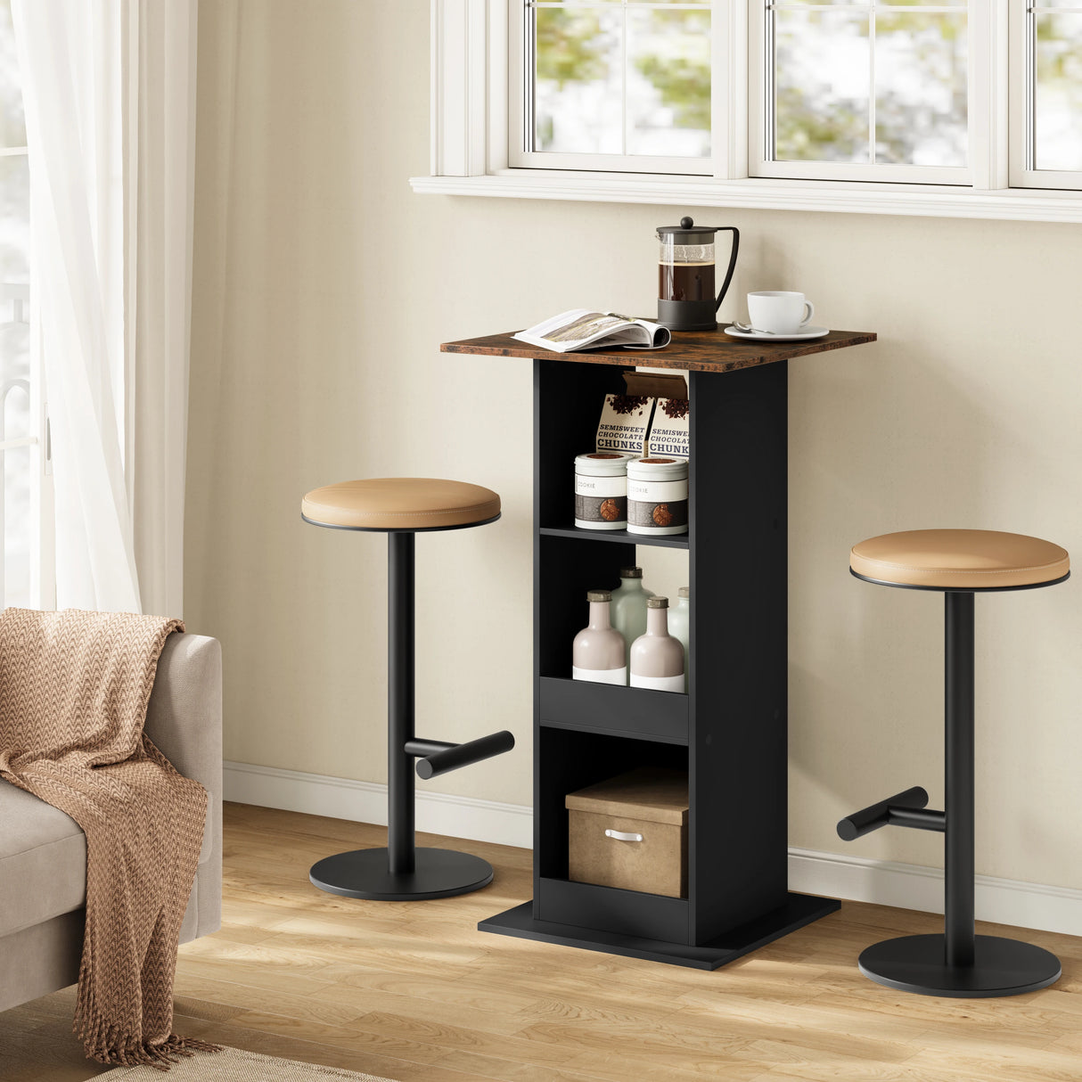 Vierkante houten bartafel van BukkitBow met drie planken, ideaal voor bistro- en eethoeken.