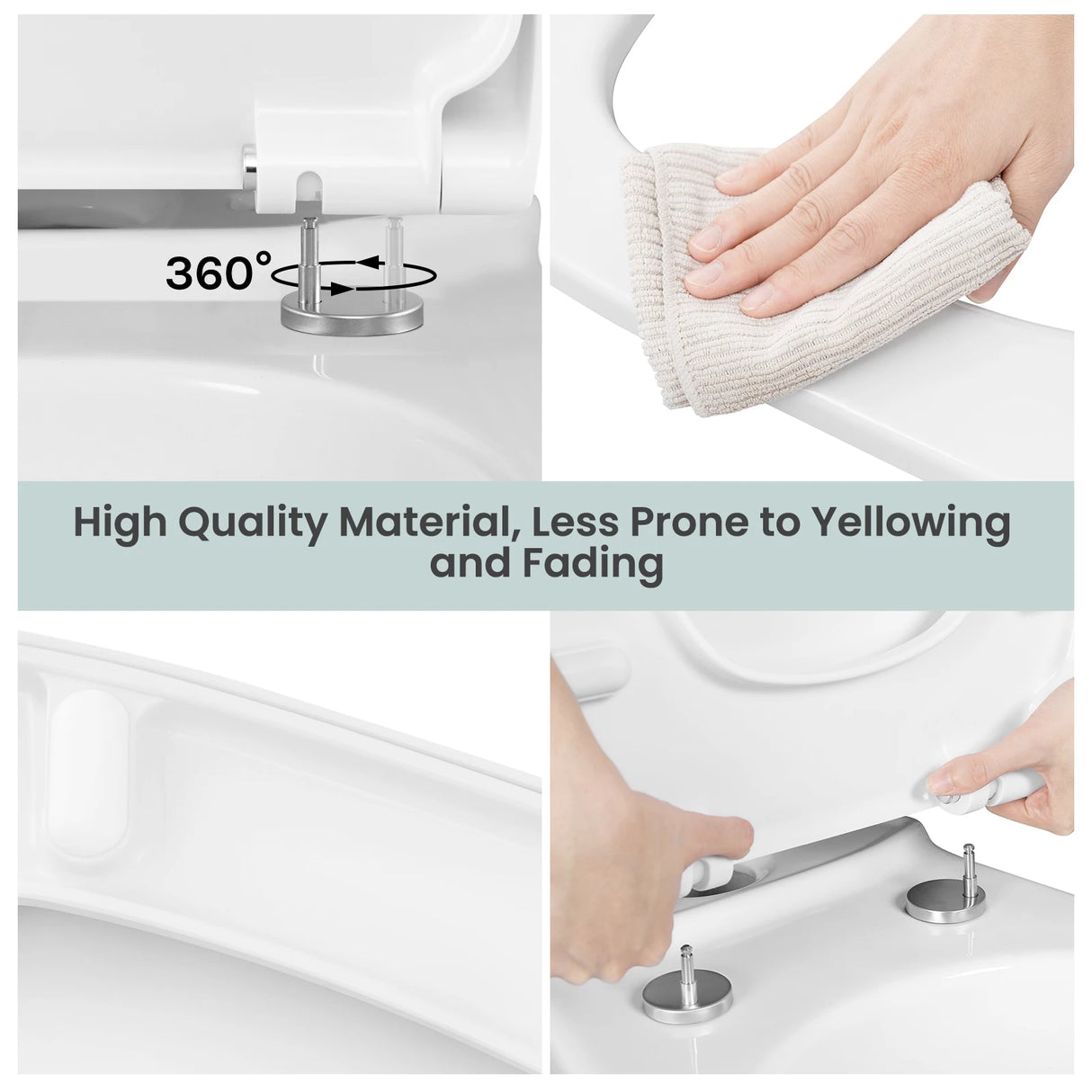 Vierkante toiletbril van kunststof van BukkitBow met soft-close functie, universeel geschikt voor verschillende toiletten.