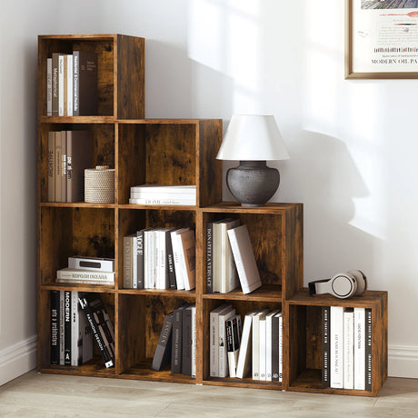 BukkitBow vintage modulaire boekenkast met open vakken, vrijstaand design voor woonkamer of kantoor, zwart metalen frame en houten planken