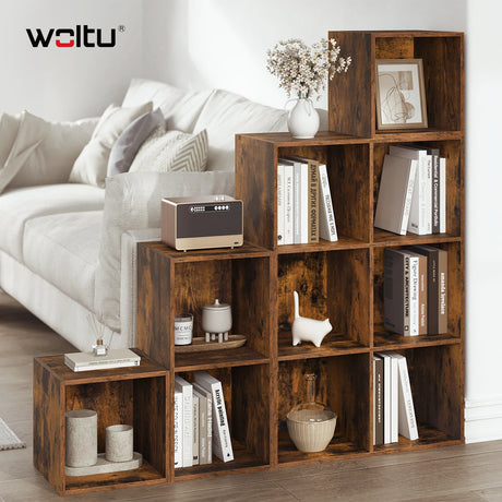 BukkitBow vintage boekenkast met modulaire vakken, vrijstaand open wandrek voor woonkamer en kantoor, zwart metalen frame en houten planken