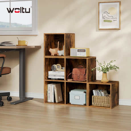 Vintage BukkitBow boekenkast met modulaire vakken, vrijstaand open wandrek voor woonkamer en kantoor, stevig en functioneel design.