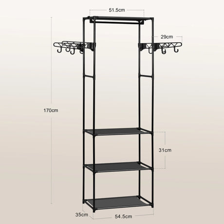 BukkitBow vrijstaand kledingrek met metalen frame, haken en legplanken voor slaapkamer en hal, open garderobe.