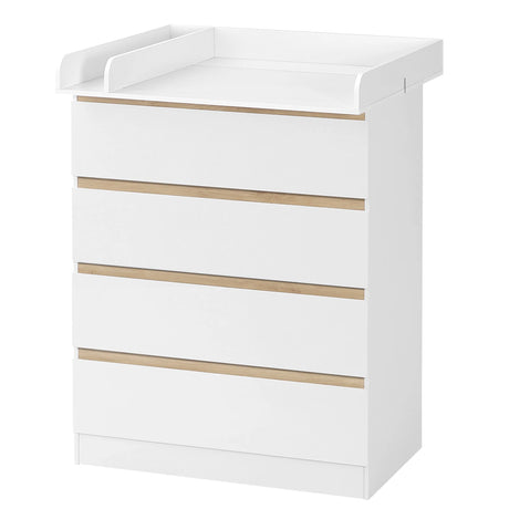 Witte BukkitBow commode met 4 laden en afneembaar verschoonopzetstuk, geschikt voor slaapkamers of kinderkamers.