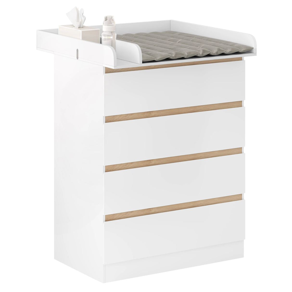 Witte BukkitBow commode met 4 laden en afneembaar verschoonopzetstuk, geschikt voor badkamer of slaapkamer.