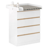 Witte BukkitBow commode met 4 laden en afneembaar verschoonopzetstuk, geschikt voor badkamer of slaapkamer.