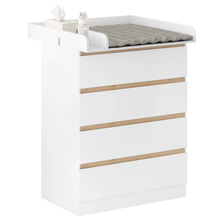 Witte BukkitBow commode met 4 laden en afneembaar verschoonopzetstuk, geschikt voor badkamer of slaapkamer.