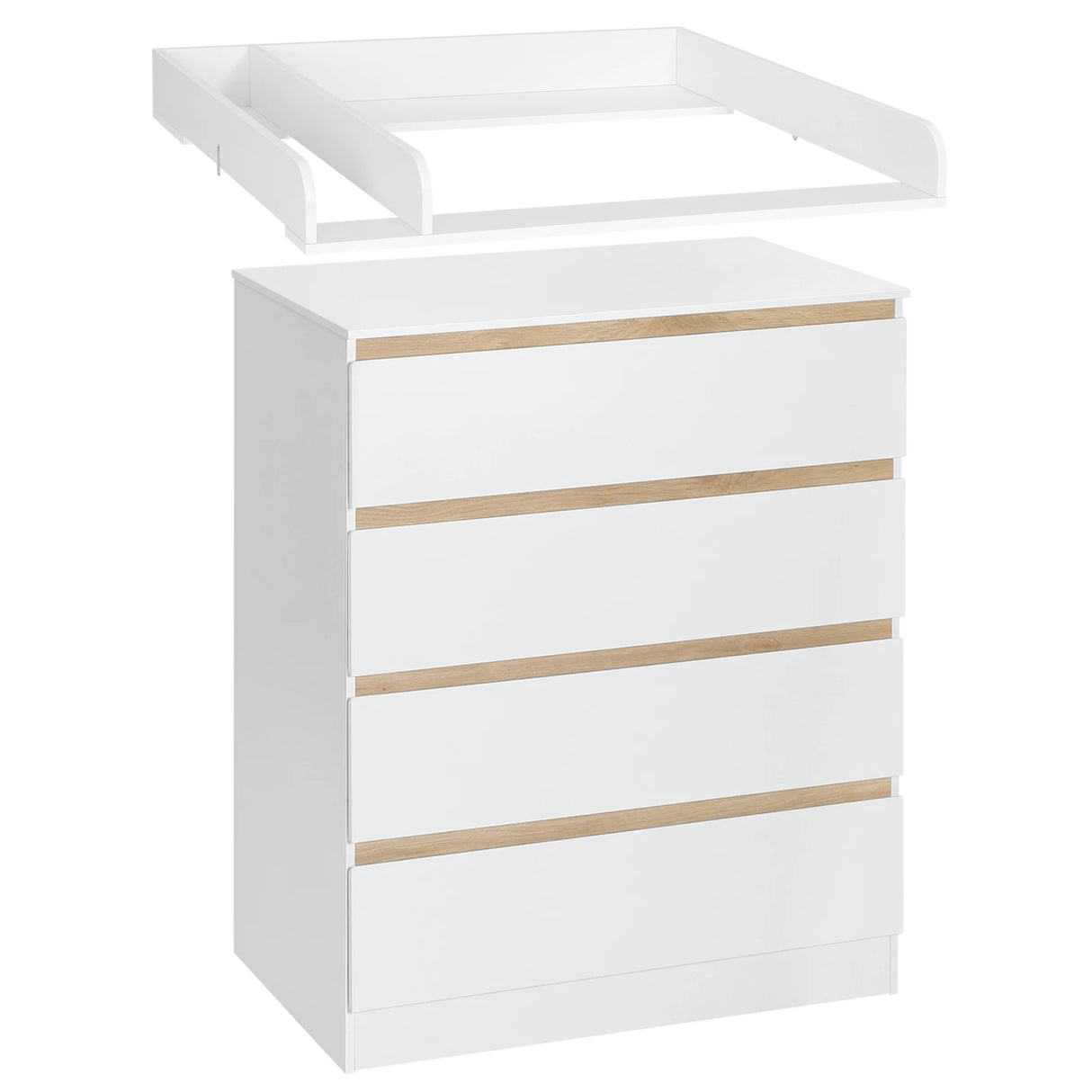 Witte BukkitBow commode met 4 laden en afneembaar verschoonopzetstuk, zichtbaar in de afbeelding.