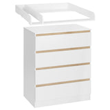 Witte BukkitBow commode met 4 laden en afneembaar verschoonopzetstuk, zichtbaar in de afbeelding.