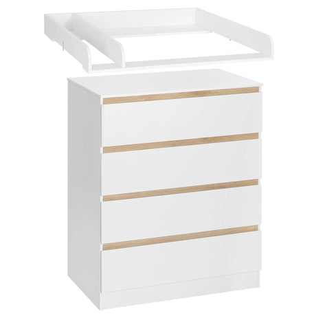 Witte BukkitBow commode met 4 laden en afneembaar verschoonopzetstuk, zichtbaar in de afbeelding.