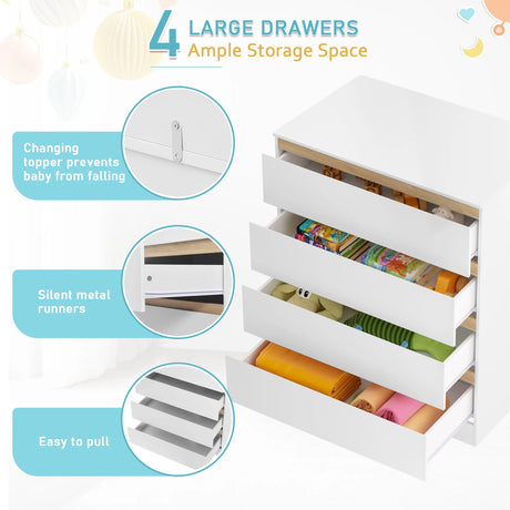Witte BukkitBow commode met 4 laden en afneembaar verschoonopzetstuk, houten meubel voor badkamer of slaapkamer
