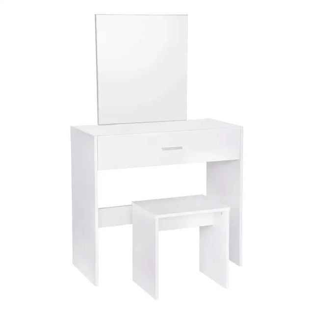 Witte BukkitBow kaptafel met grote make-up spiegel, grote lade en kruk, afmetingen 39x82x75 cm, elegante en functionele meubelstuk