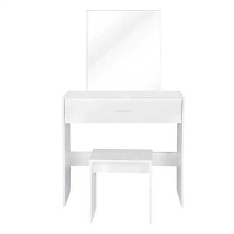 Witte BukkitBow kaptafel met grote make-up spiegel, ruime lade en bijpassende kruk, afmetingen 39x82x75 cm, elegant en functioneel.