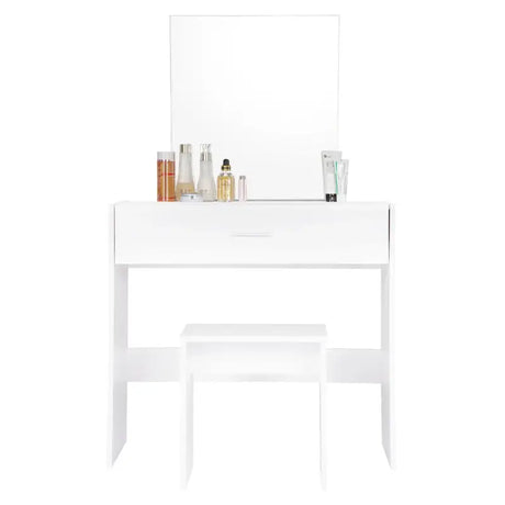 Witte BukkitBow kaptafel met grote make-up spiegel, grote lade en kruk, afmetingen 39x82x75 cm, elegant en functioneel meubel.