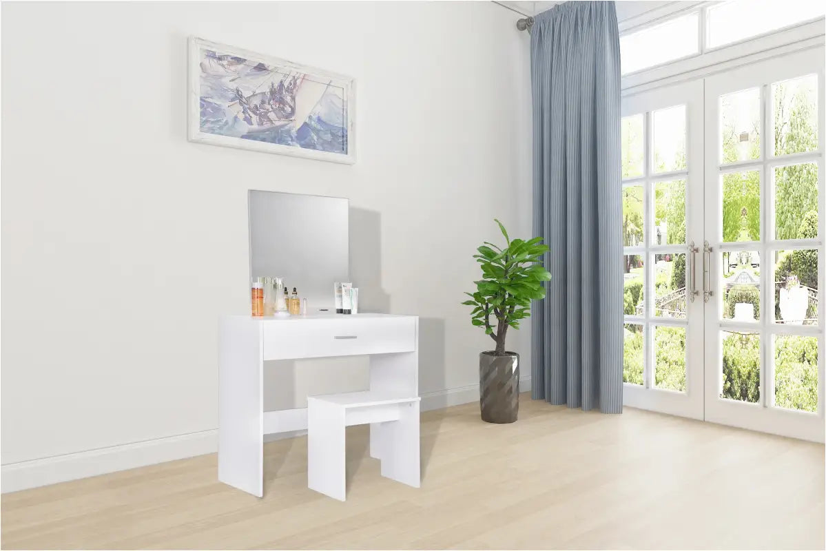 BukkitBow witte kaptafel met grote make-up spiegel, ruime lade en kruk, afmetingen 39x82x75 cm, elegant meubel voor beauty en make-up