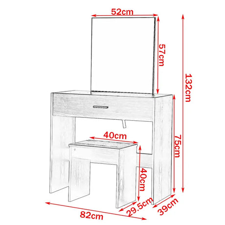 Witte BukkitBow kaptafel met grote make-up spiegel, lade en kruk, afmetingen 39x82x75 cm, elegant meubel voor make-up en verzorging