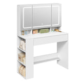 Witte BukkitBow kaptafel met LED-spiegel en verborgen sieradenkast, met elegante spiegel en opbergvakken voor sieraden.