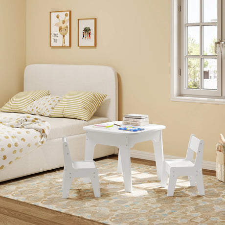 Witte BukkitBow kindertafel met 2 stoeltjes, dubbelzijdig tafelblad en opbergruimte voor kinderen, geschikt voor speel- en leeractiviteiten.
