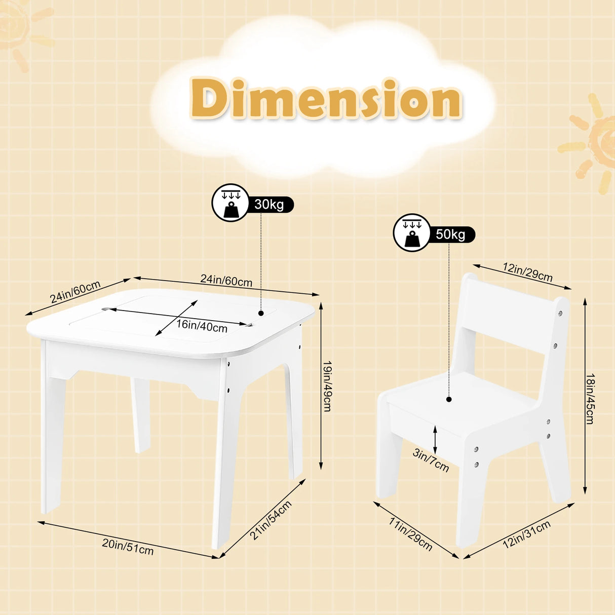 Witte BukkitBow kindertafel met 2 stoeltjes, dubbelzijdig tafelblad en opbergruimte voor kinderen, geschikt voor speel en leeractiviteiten.