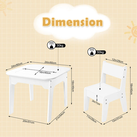 Witte BukkitBow kindertafel met 2 stoeltjes, dubbelzijdig tafelblad en opbergruimte voor kinderen, geschikt voor speel en leeractiviteiten.