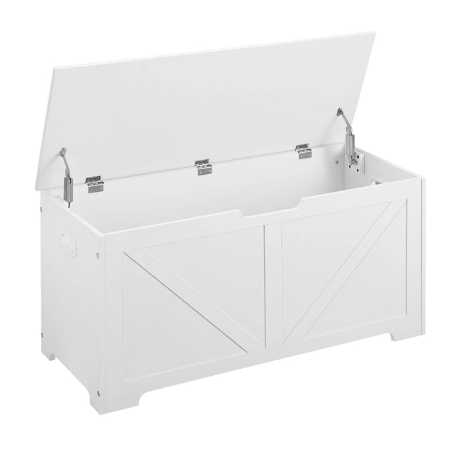BukkitBow witte opbergbank met veiligheidsscharnieren, 100x47x40 cm, 76L, houten opbergruimte voor tuin of kantoor
