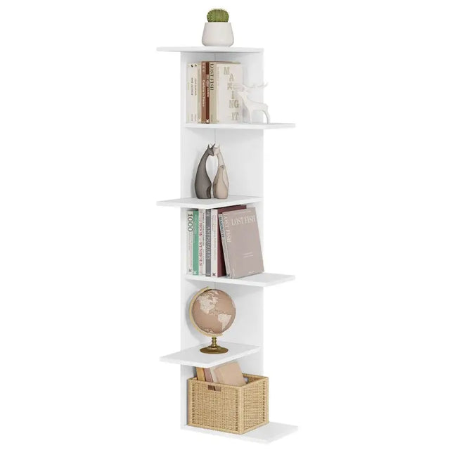 Witte BukkitBow zig-zag hoek boekenkast met 6 niveaus, staand model, afmetingen 37x37x140cm, geschikt voor boeken en decor.
