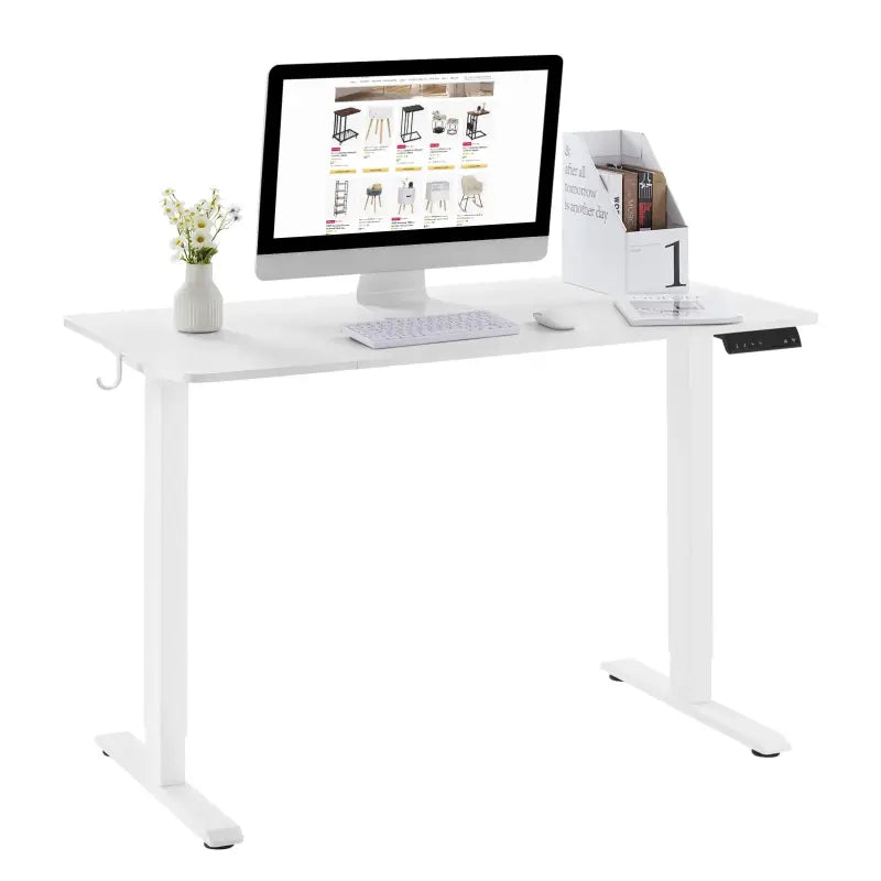 BukkitBow zit-sta bureau met verstelbare hoogte, twee motoren, anti-botsing, kabelgaten en geheugensloten, geschikt voor ergonomisch werken.