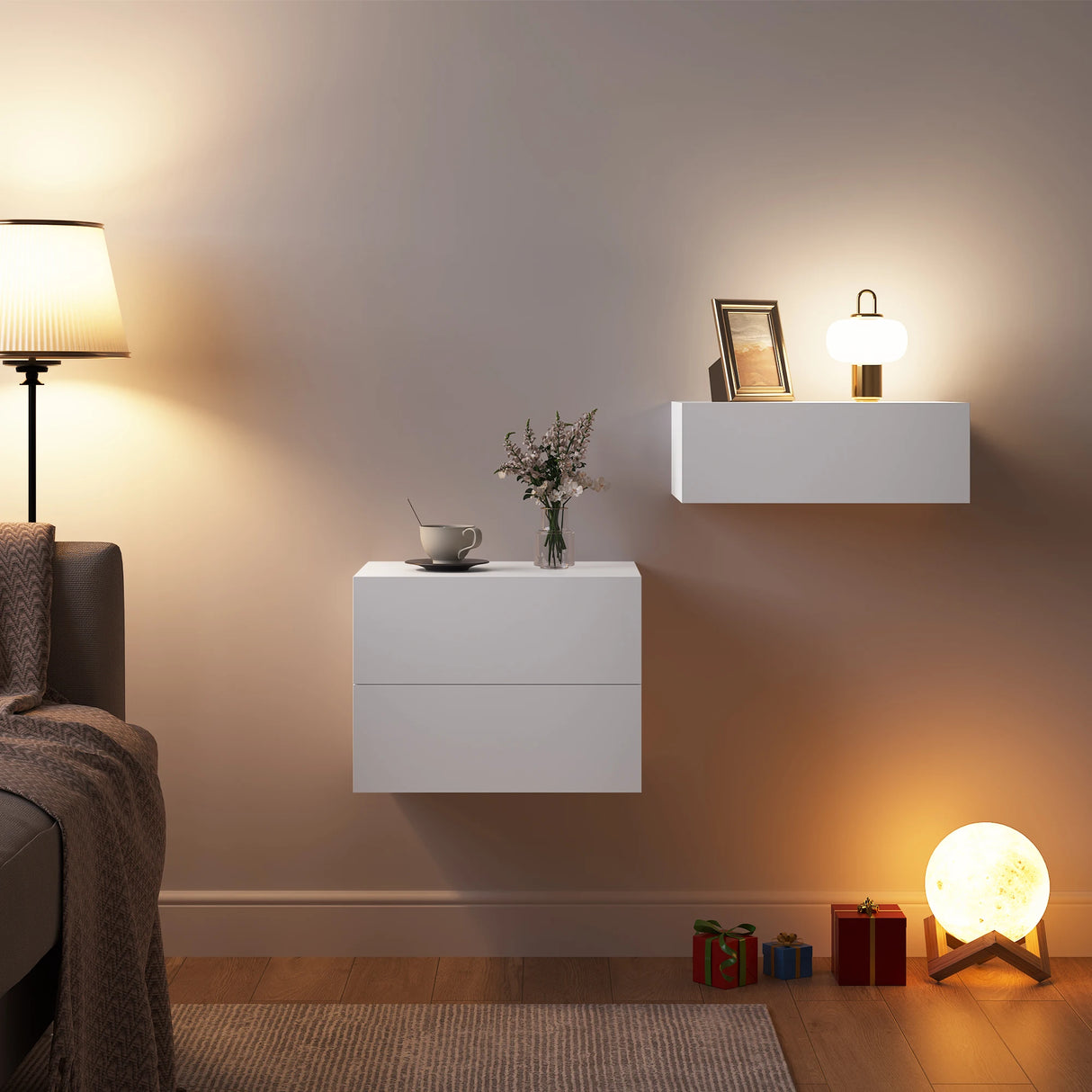BukkitBow Zwevend Nachtkastje van hout met lade, modern ontwerp voor wandmontage, geschikt als stijlvolle slaapkameropbergruimte