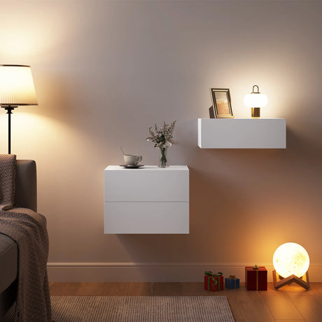 BukkitBow Zwevend Nachtkastje van hout met lade, modern ontwerp voor wandmontage, geschikt als stijlvolle slaapkameropbergruimte