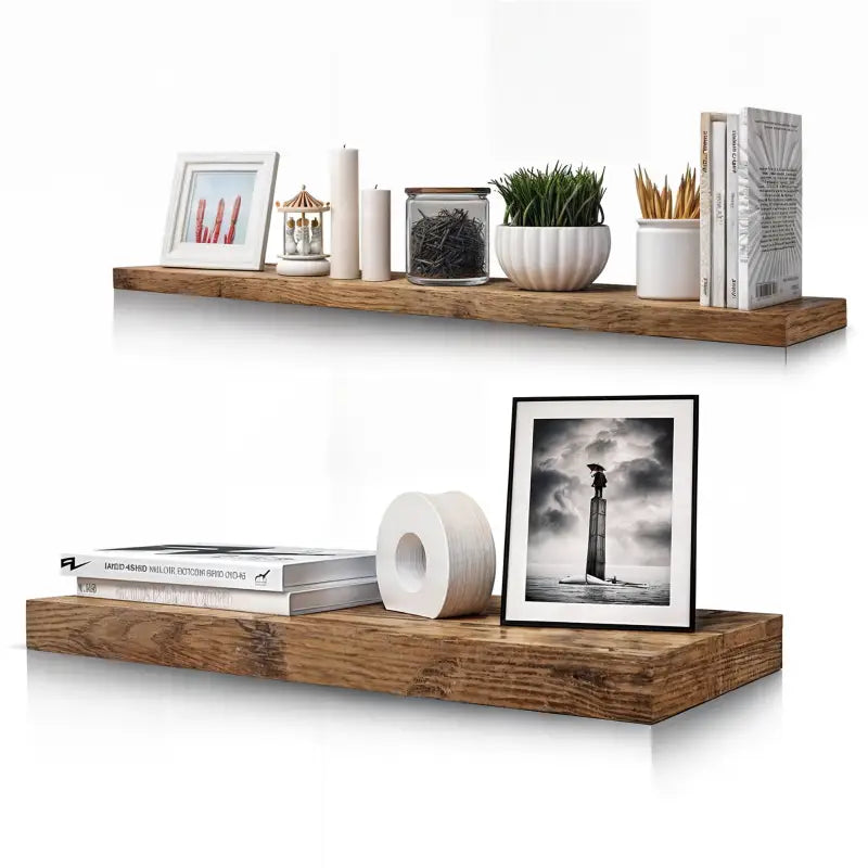 BukkitBow zwevende boekenplank van rustiek bruin hout, 10 kg draagvermogen, diverse maten 25-120cm, muurmontage, geschikt voor boeken